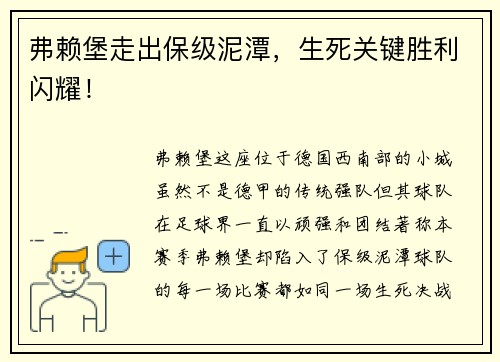 弗赖堡走出保级泥潭，生死关键胜利闪耀！