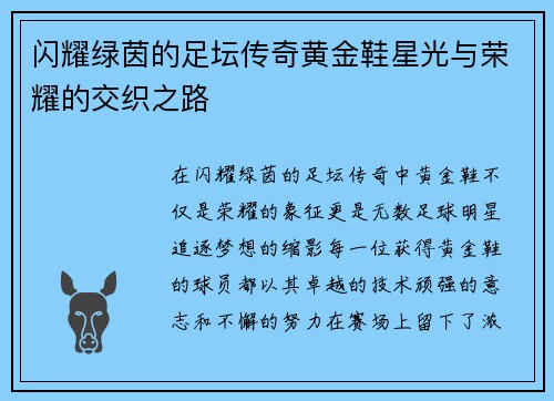 闪耀绿茵的足坛传奇黄金鞋星光与荣耀的交织之路